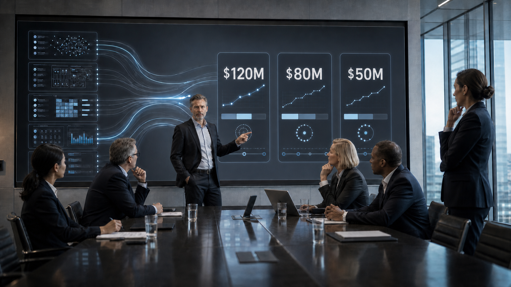 Enterprise leaders weighing three quantified intelligence-supported alternatives in an executive boardroom