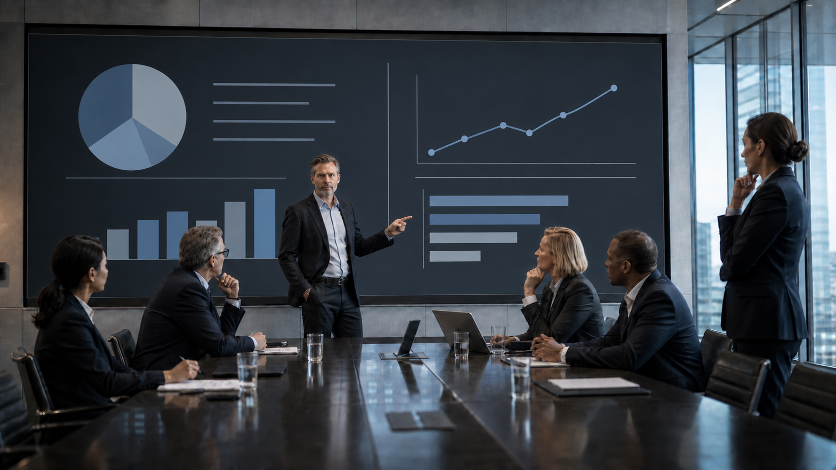 Illustrative boardroom scene of enterprise leaders assessing a business presentation; not a Monetize interface or customer deployment